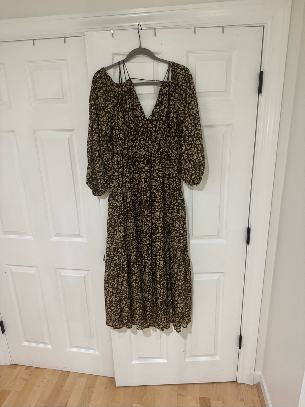 Astr Brown Floral Tiered Midi Dress with Tan Print